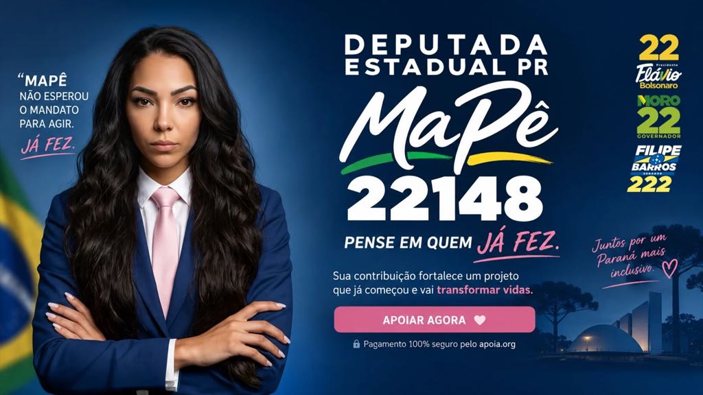 Campanha de arrecadação da Mapê, deputada estadual PR, número 22148. Sua contribuição fortalece um projeto que já começou.
