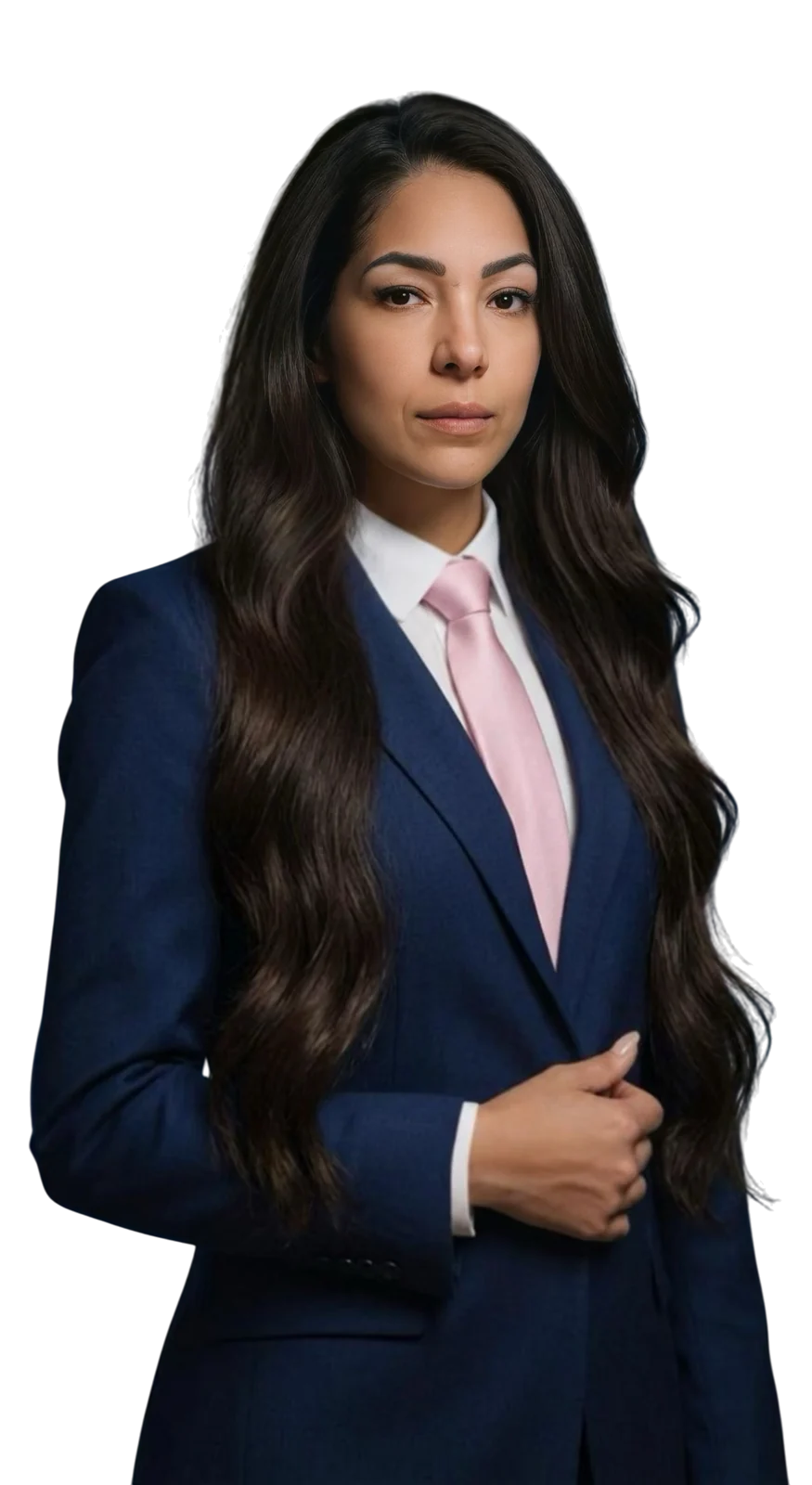 Mapê com blazer azul-marinho e gravata rosa